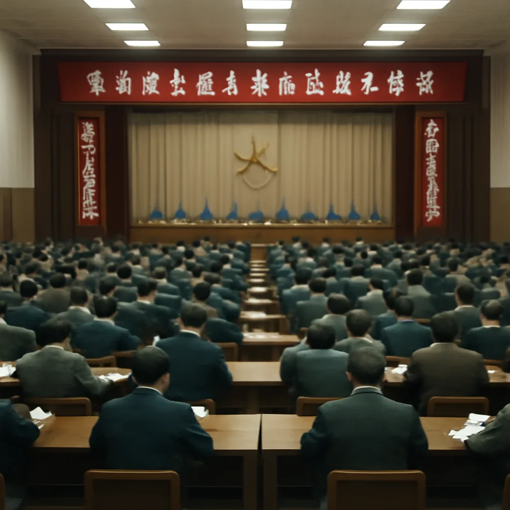 A wide view of a late-1970s Chinese government meeting hall with officials gathered around tables and posters emphasizing modernization; plain 1970s suits and Mao-era decor visible, no identifiable faces.