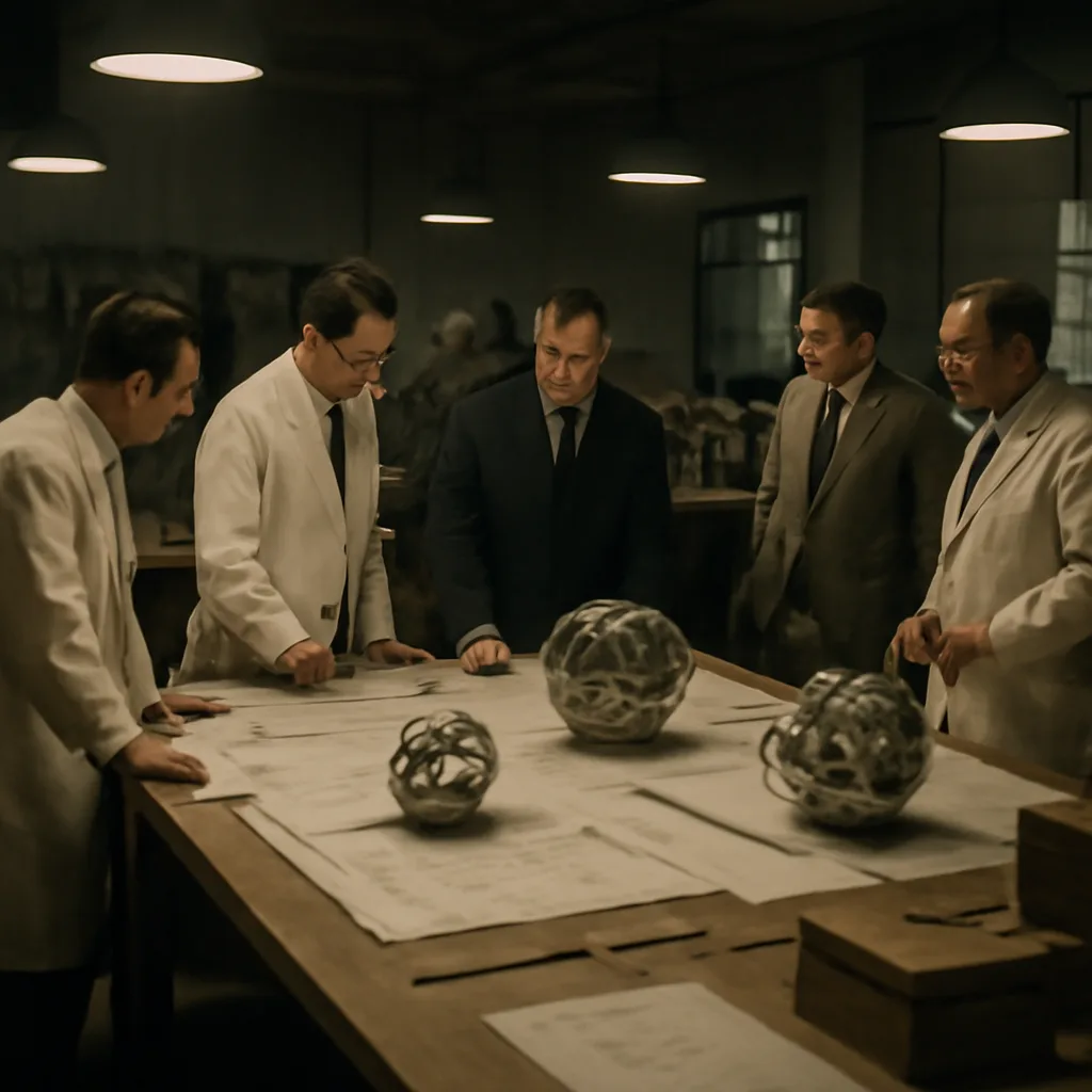 Los Alamos laboratory interior, 1940s: scientists and engineers gathered around schematics, explosive lens mock-ups and technical drawings for an implosion-type plutonium device.