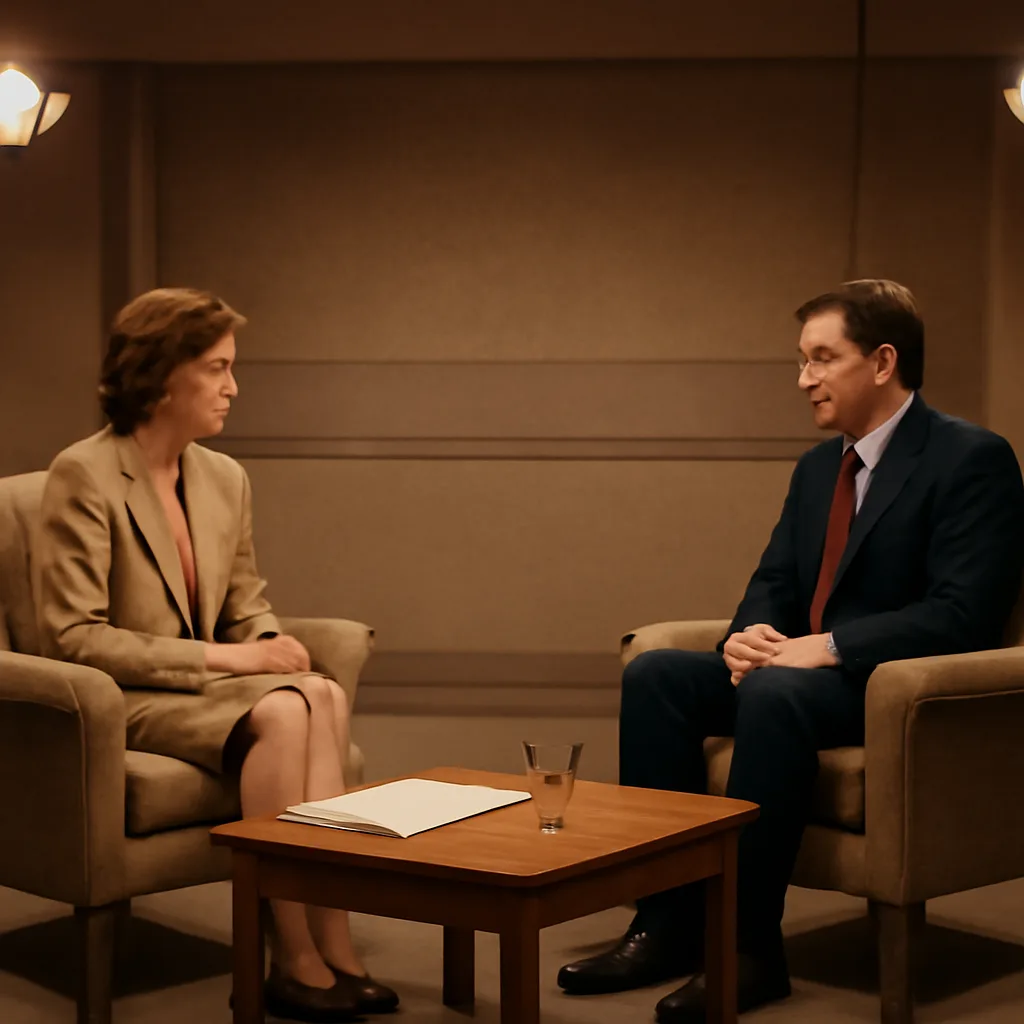 A mid-1990s television studio set with a low table and two chairs under soft lighting; papers and a small glass of water on the table, suggesting a formal televised interview setting.