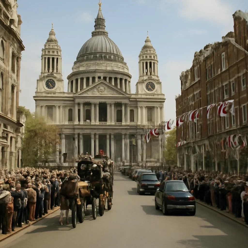 St. Paul’s Cathedral exterior and surrounding crowd on 29 May 1981 during the wedding procession; flags and period-appropriate vehicles visible, no close-up identifiable faces.