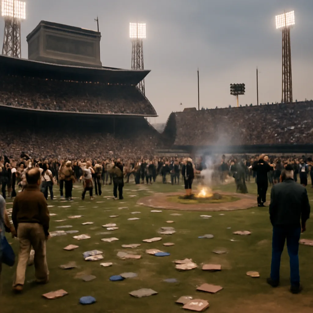 Crowded Comiskey Park stands and a littered baseball field after a promotional explosion; fans on the field, debris including broken records and small fires, stadium architecture of late 1970s Chicago visible.