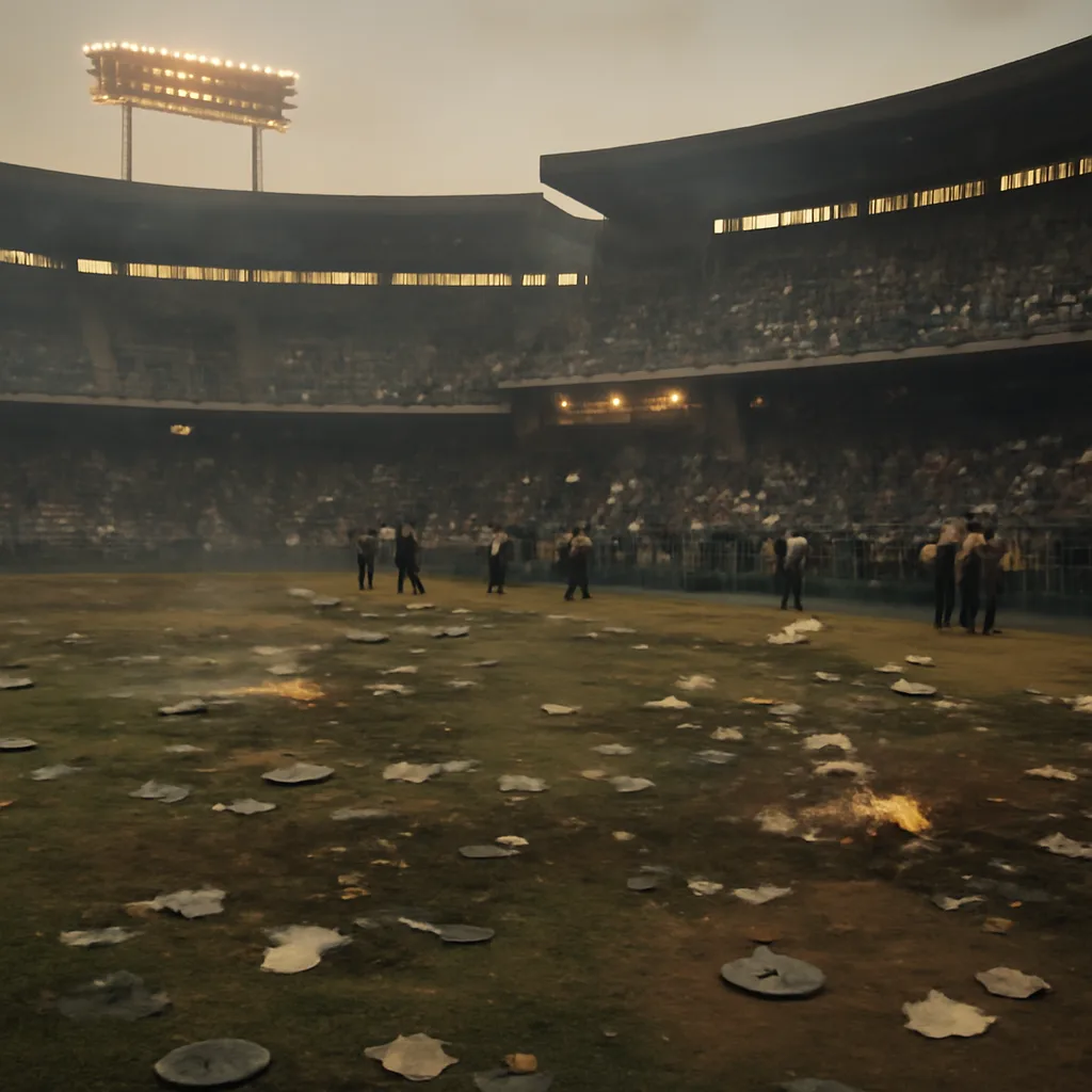 Comiskey Park field littered with debris after fans invaded the turf following a promotional record-smashing event; bleachers and stadium structure visible, no identifiable faces.