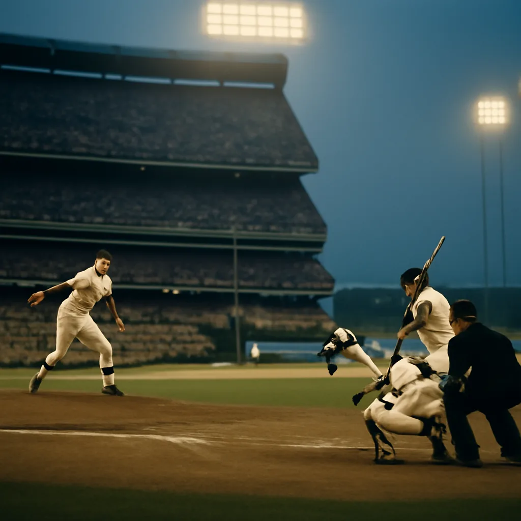 Pitcher delivering a pitch during a 1970s baseball game at Shea Stadium, with stadium lights, vintage uniforms and a batter in the box; crowd visible in the stands.