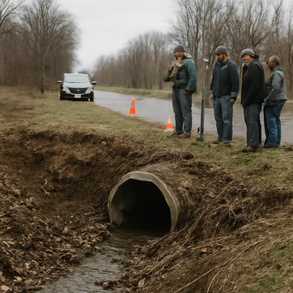 A concrete roadside culvert partially buried by soil and debris, with rescue workers standing at a safe distance and tools for excavation nearby.