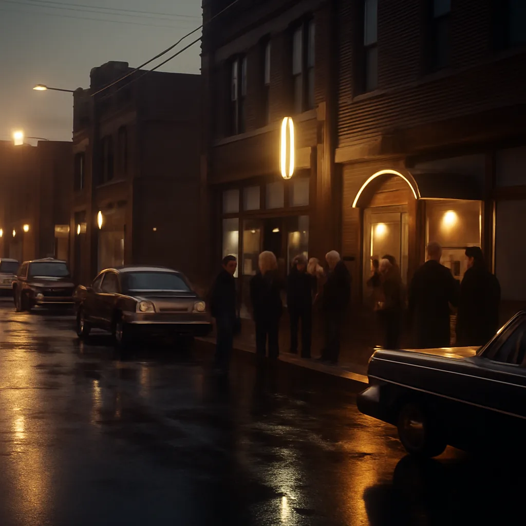 A 1960s Cleveland street scene outside a modest nightclub, evening, parked cars and storefronts typical of the era; somber mood.