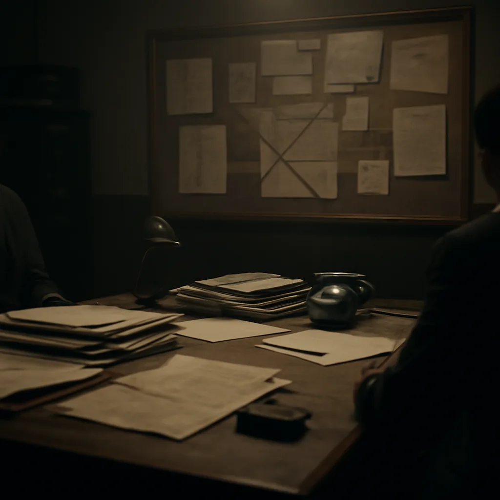 Cold War-era intelligence office with maps, telephone, and files spread on a wooden desk in dim light, evoking 1960s espionage operations.