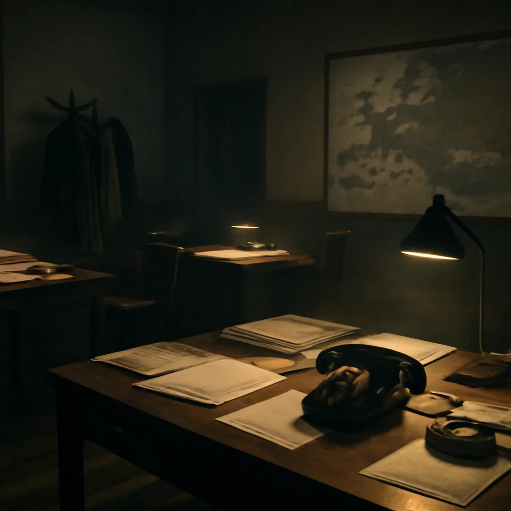 Cold War–era intelligence office with filing cabinets, paper dossiers, rotary telephone, and a map of Europe on the wall, dimly lit.