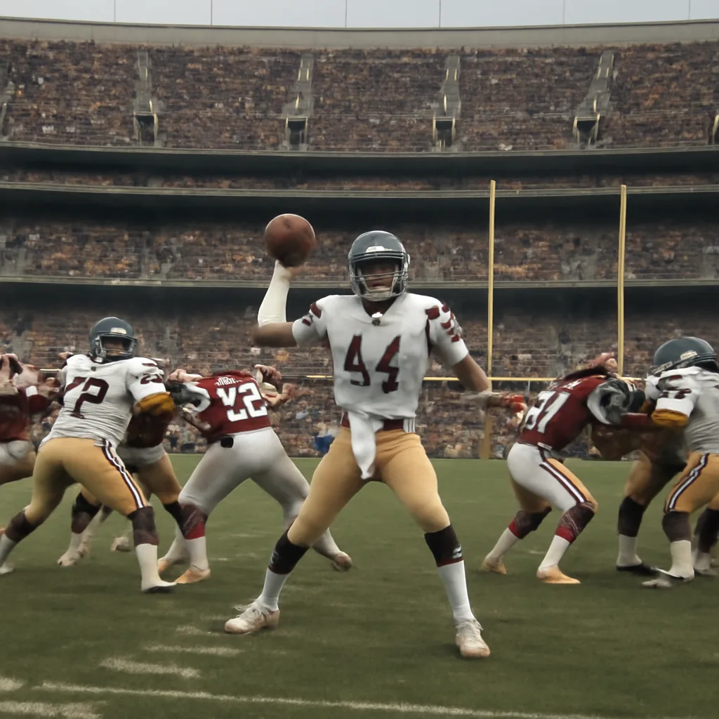 Doug Williams in Washington Redskins uniform during gameplay at Super Bowl XXII in San Diego, January 31, 1988, throwing a pass with teammates and opponents visible on the field.