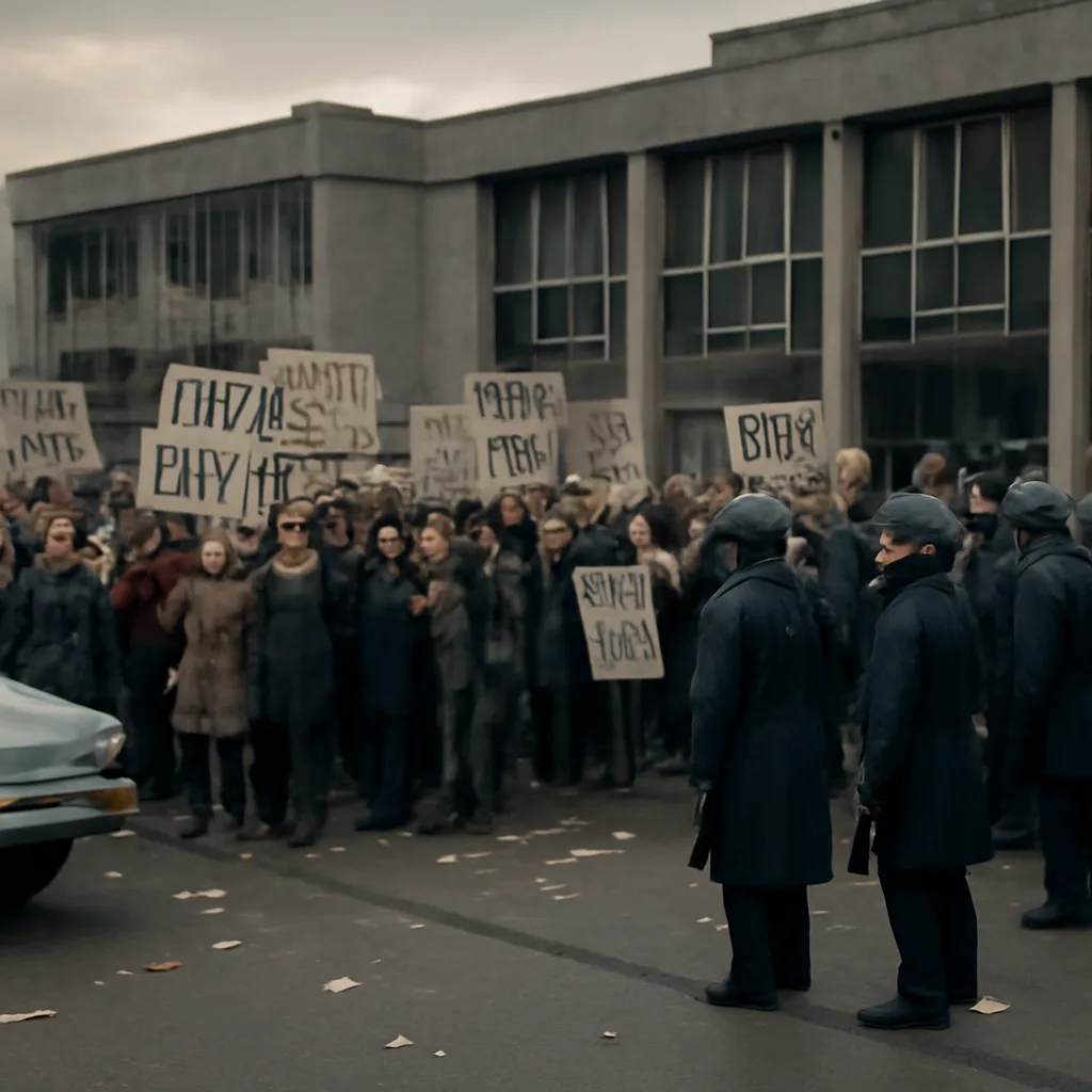 Crowd of anti-draft protesters outside a municipal building in 1967, police in helmets and riot gear forming a line; signs and banners opposed to the draft visible but no identifiable faces.