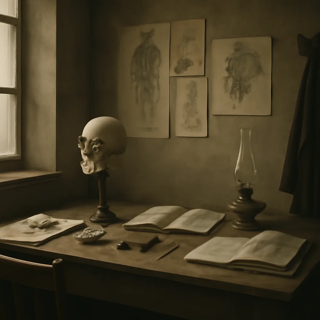 A workshop scene circa 1910–1915 showing a wooden workbench with an anatomical skull, sculpting tools, clay models of facial features, and anatomy atlases open nearby, lit by soft daylight.