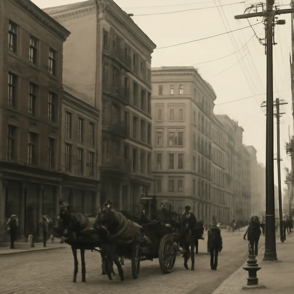 Early 20th-century urban streetscape with multi-story masonry and steel-frame buildings, fire escapes on facades, a horse-drawn fire engine and uniformed firefighters, and visible water hydrants.