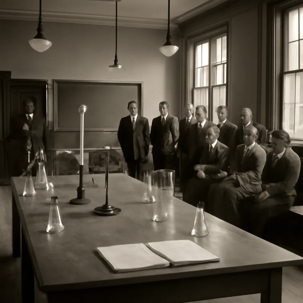 Early 20th-century lecture hall or laboratory with a demonstration table, scientific apparatus of the era (glassware, balances), and observers in period dress.