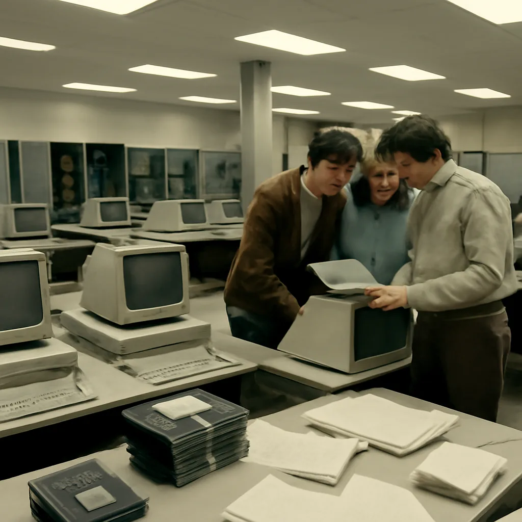 A 1980s university computer lab with CRT monitors, floppy disks, and researchers examining printouts—representative scene of early computer security research.