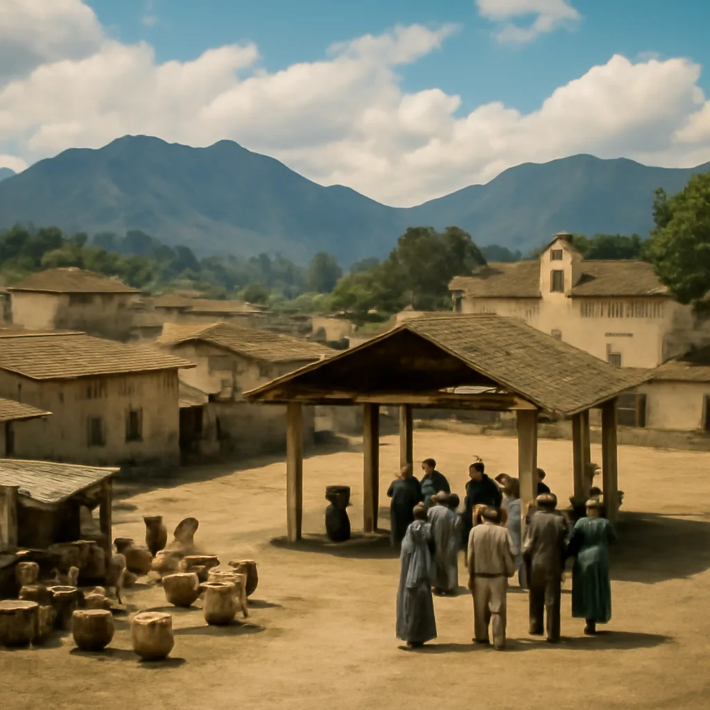 A rural Oaxacan highland village in the 1930s with clustered adobe houses, communal meeting area and surrounding hills; no identifiable faces.