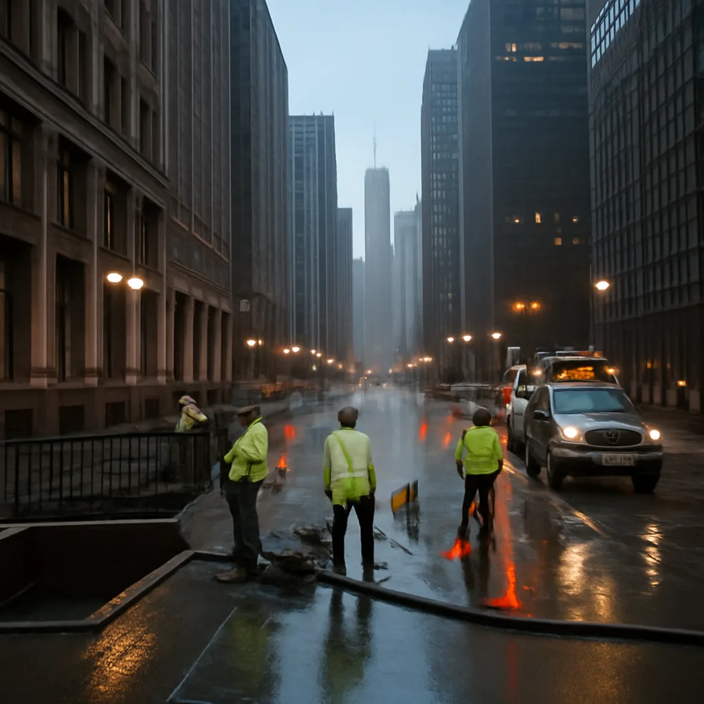 Street-level view of Chicago Loop storefronts and office buildings with water pooled near sidewalk entrances and stairwells leading to basement levels; workers operate pumps and hoses to remove water.