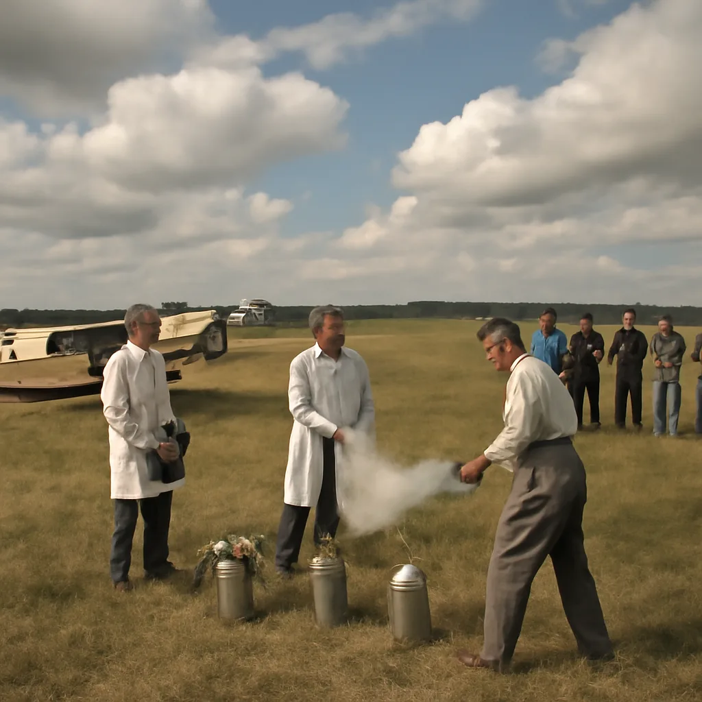 Mid-20th-century field demonstration: researchers and onlookers near an aircraft or ground station preparing cloud-seeding materials in a rural airfield setting.
