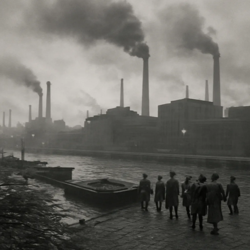 A 1930s industrial riverside scene: smokestacks emitting plumes over a factory district with barges on a polluted river and workers in period clothing on the shoreline.
