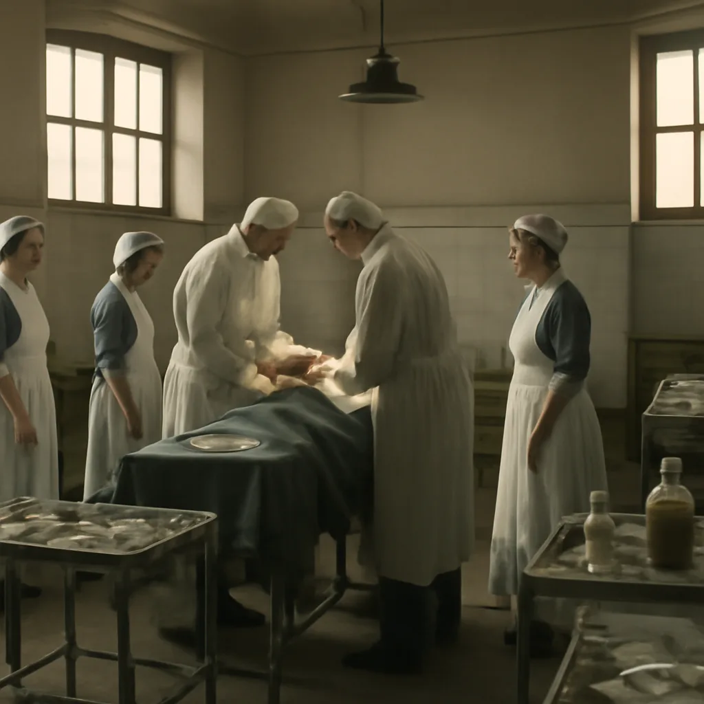 Early 20th-century surgical ward with doctors and nurses around an operating table, medical instruments and bandages visible; period hospital interior with wooden-backed chairs and plain tiled walls.