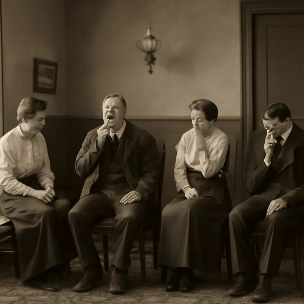 A small-group indoor scene from the early 20th century showing people seated in simple period attire with one person yawning and others reacting; interior details reflect 1920s furnishings.