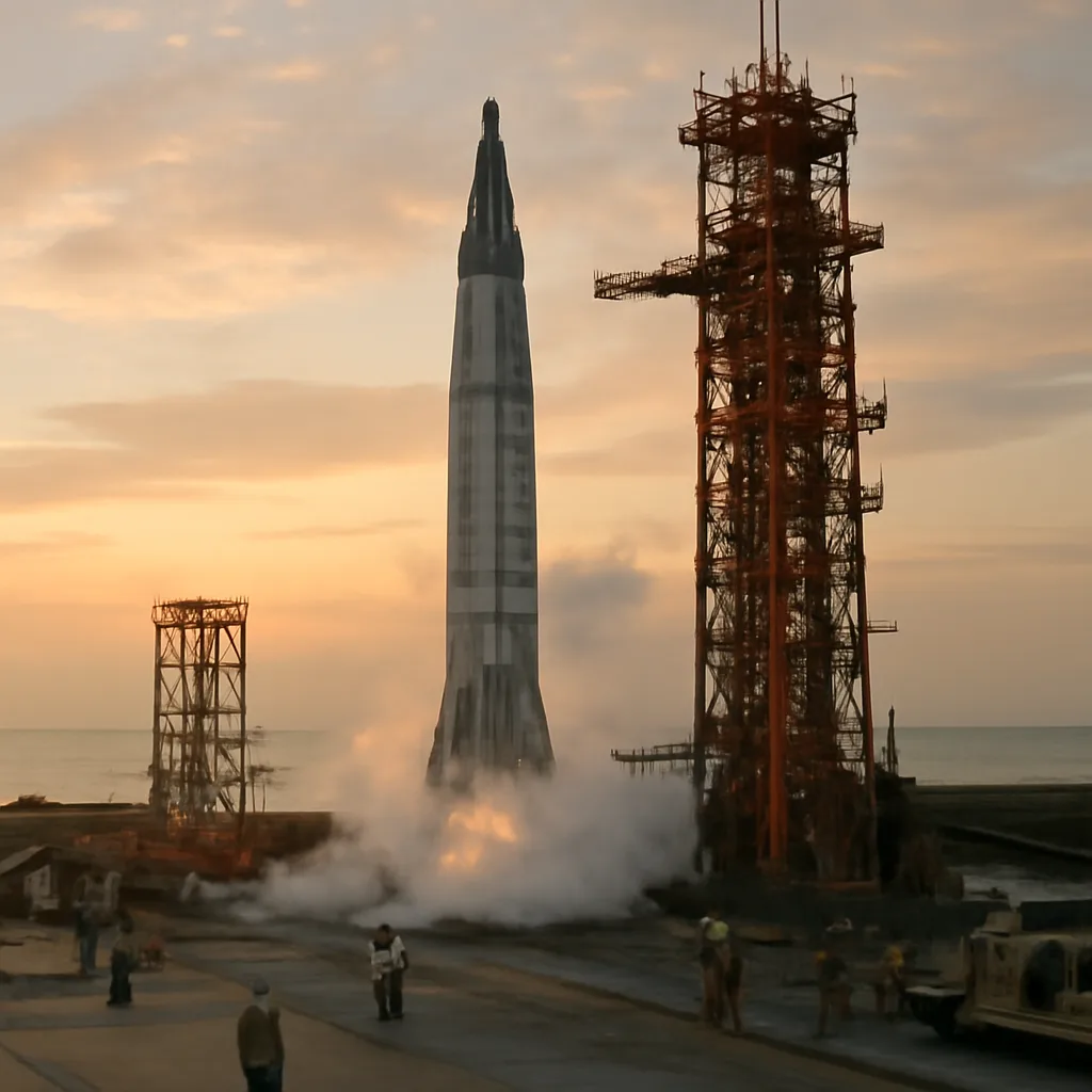 A 1960s-era launch complex at dawn with a cylindrical rocket on the pad, service towers nearby and technicians in period coveralls; clear sky and plume visible.