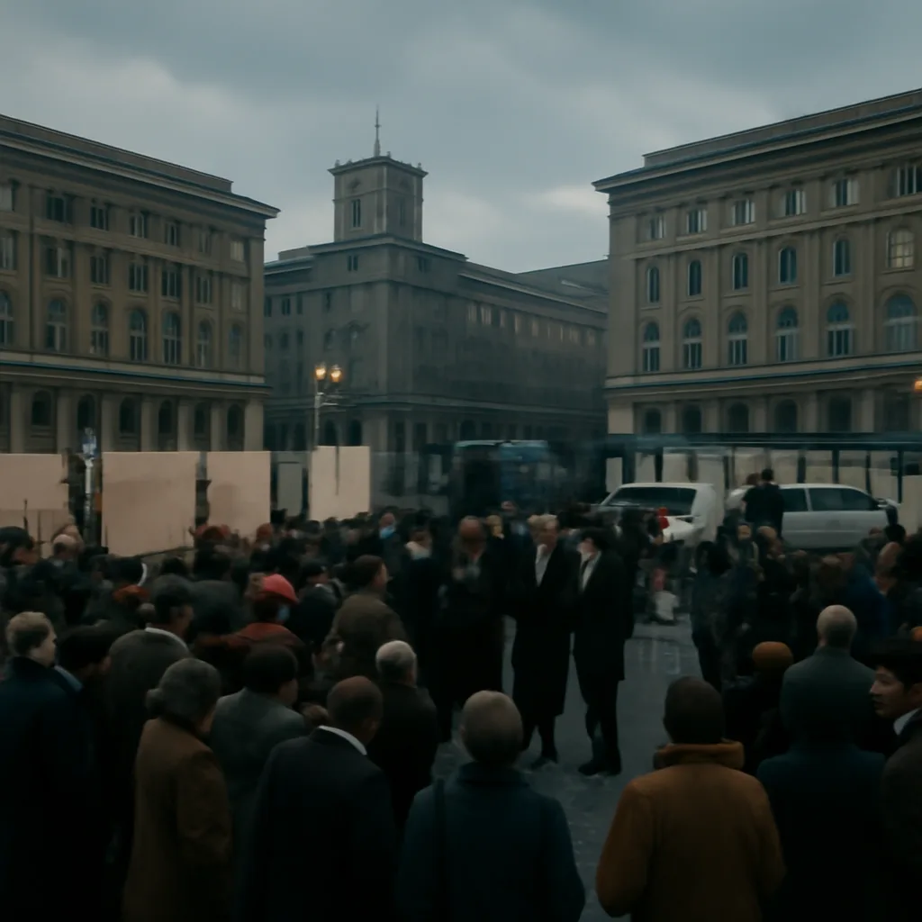 Crowds and political leaders near governmental buildings in late-1980s Germany, showing flags, banners and winter clothing typical of the period; scene suggests public demonstrations and official negotiation activity without identifiable faces.