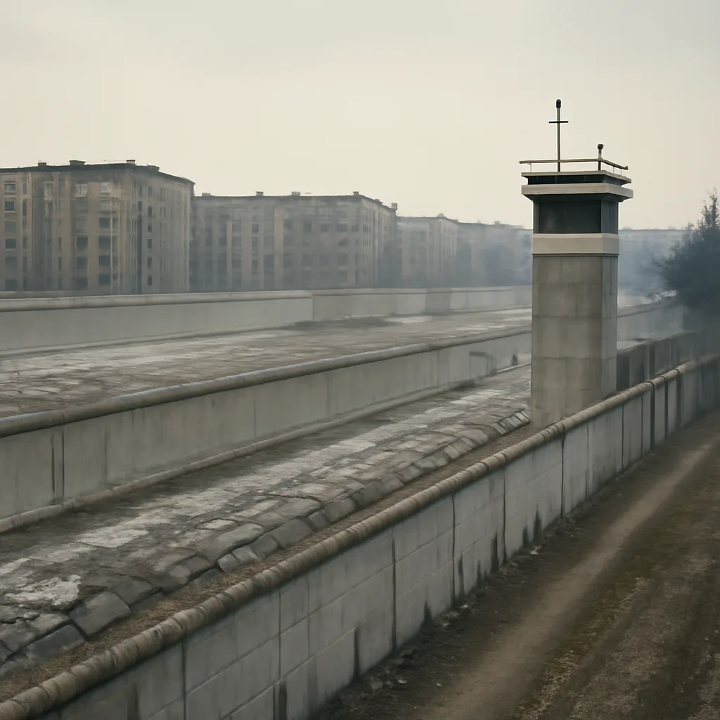 A wide view of the Berlin Wall area in the 1980s: concrete barrier with watchtower and inner security strip, barbed wire, patrol path and sparse urban surroundings, showing the physical segregation without identifiable people.