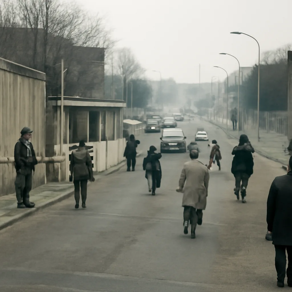 Berlin Wall crossing point in early 1990 showing border infrastructure, gates, and crowds in late Cold War clothing near checkpoint buildings and roadways.