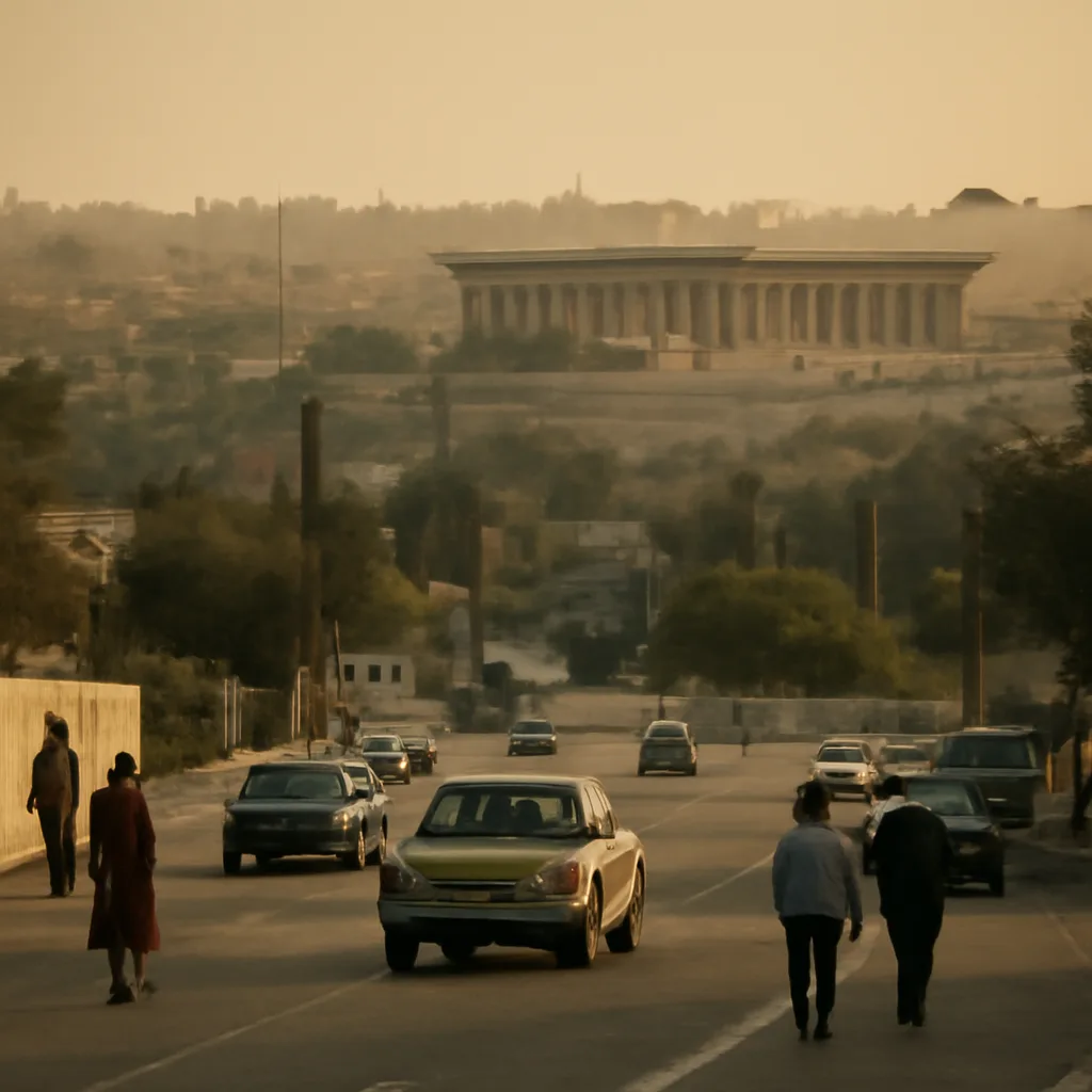 A wide exterior view of the Israeli Knesset and surrounding Jerusalem buildings in the 1970s, showing period-appropriate cars and clothing from a distance, suggesting the setting of late-1970s diplomatic exchange.