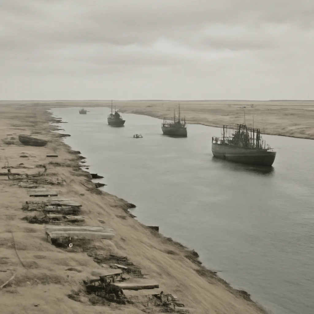Aerial view of the Suez Canal in the 1960s showing a line of anchored merchant ships and shore installations along the canal banks during closure.