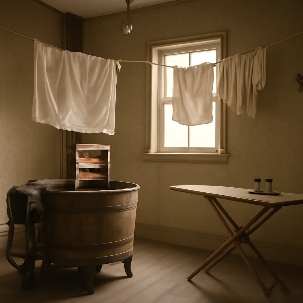 Early 20th-century laundry room with a wooden wash tub fitted with an external electric motor and wringer, a women’s clothing line in the background, and period furnishings.