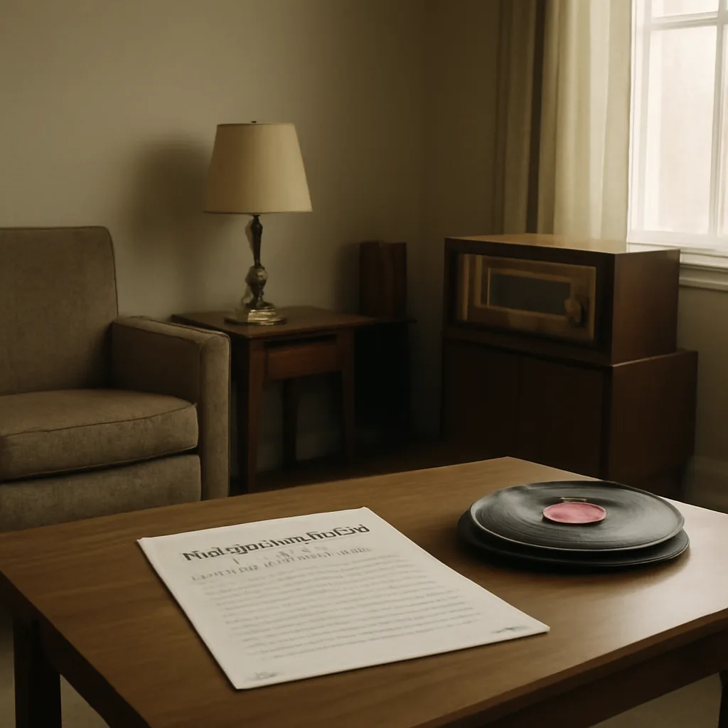Elvis Presley-era 1950s scene: a modest midcentury living room with a stack of records and a military draft notice on a wooden table, dated January 1958; period radio and clothing visible.