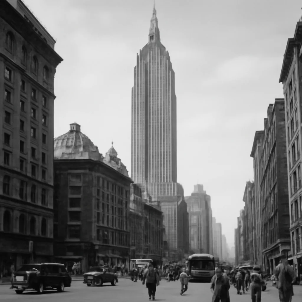 The Empire State Building in 1931 seen from a distance, showing its stepped Art Deco profile and skyline context, with early 20th-century automobiles and pedestrians visible at street level.
