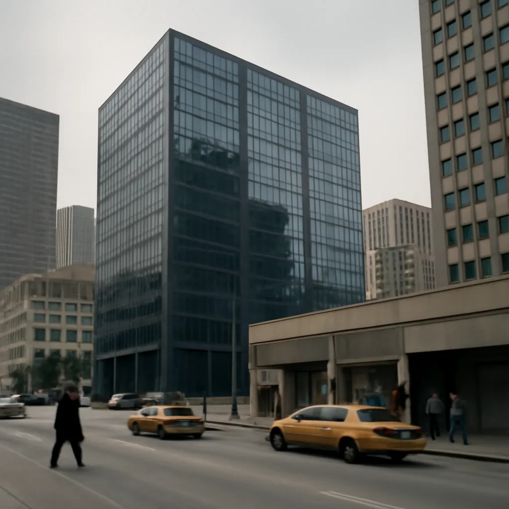 Exterior of Enron’s Houston headquarters (Enron Center) and a downtown cityscape, early 2000s business-district setting.