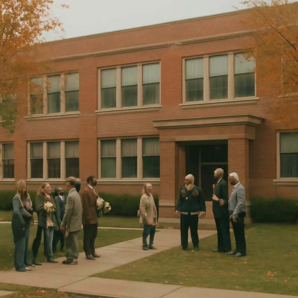 Students and staff gathered outside a school building on a sunny day while emergency responders and officials inspect the entrance and cordon off the area.