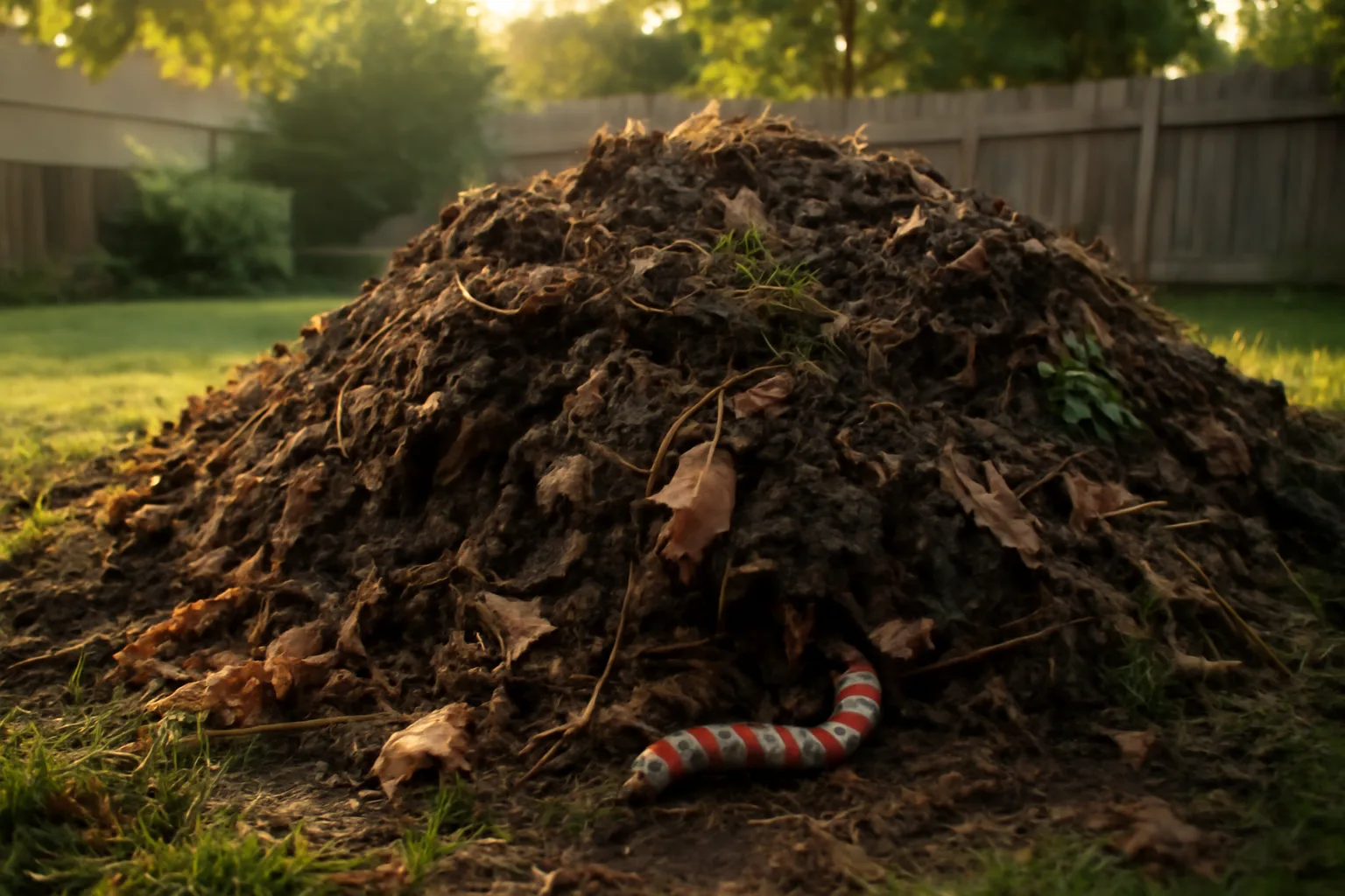 milk snake partially hidden under a compost heap in a suburban backyard
