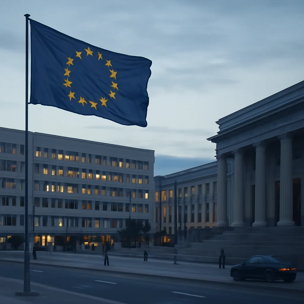 Wide view of a European Union flag outside institutional buildings, with a courthouse and people in subdued evening light symbolizing legal and diplomatic actions following a coup attempt.