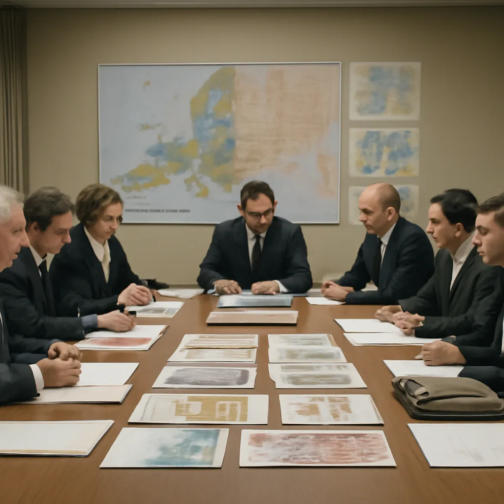 European leaders and central bank officials gathered at a conference table in late 1990s formal attire discussing the euro transition; documents, maps of Europe, and currency samples on the table.