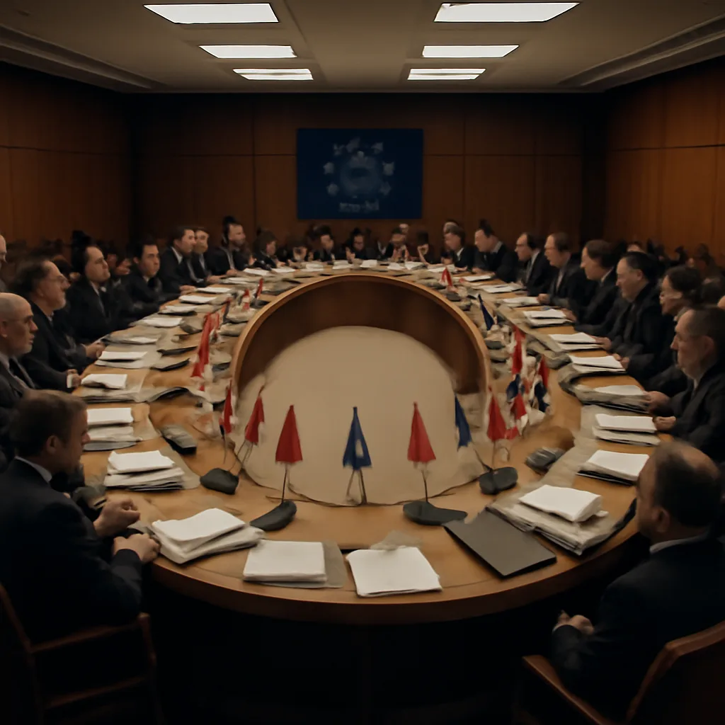EU summit table with flags of current EU member states and candidate nations displayed on a conference floor, delegates seated around a long table, documents and nameplates visible (no identifiable faces).