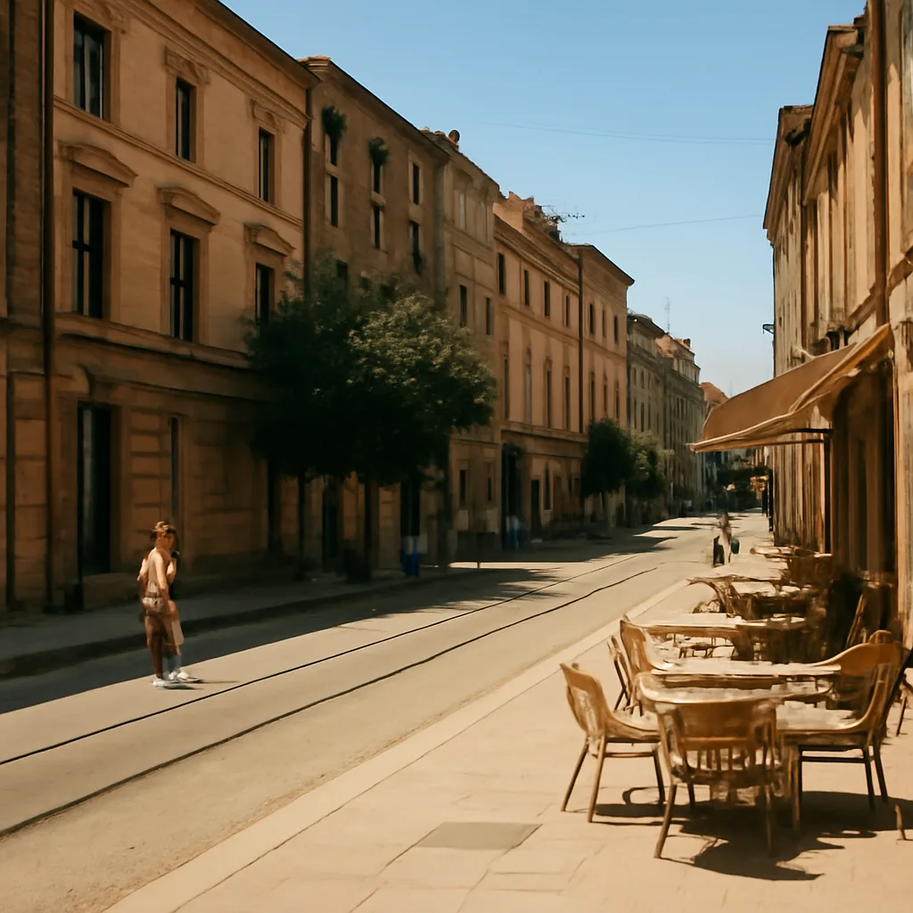 Wide urban street in a European city during intense summer heat: empty sidewalks, bright sun, closed shutters and a few people seeking shade; distant skyline and clear blue sky.