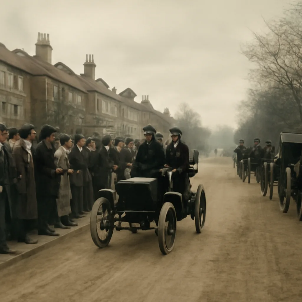 Late 19th-century motor car demonstration on a public road near Croydon with onlookers in period dress gathered at roadside; early automobile and horse-drawn carriages visible, cloudy daylight.