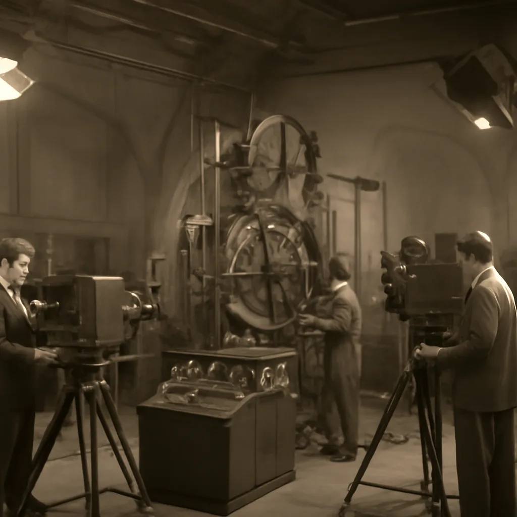 A 1930s television studio at Alexandra Palace with mechanical scanning equipment, cameras on tripods, studio lights, and technicians in period clothing adjusting apparatus; a wide shot emphasizing equipment and studio space.