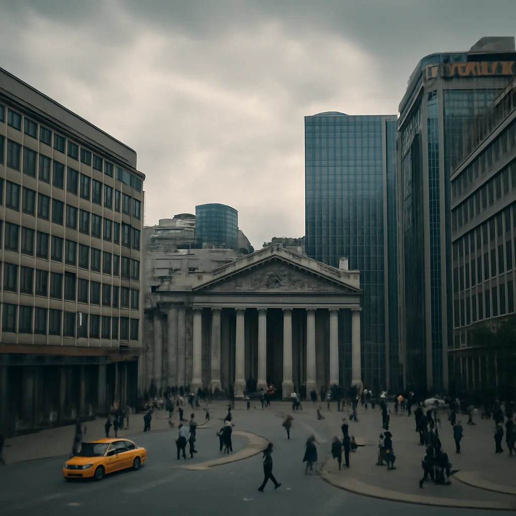 Wide view of European financial district with trading floors, bank headquarters and a securities exchange building under overcast skies, conveying market tension in August 2011.
