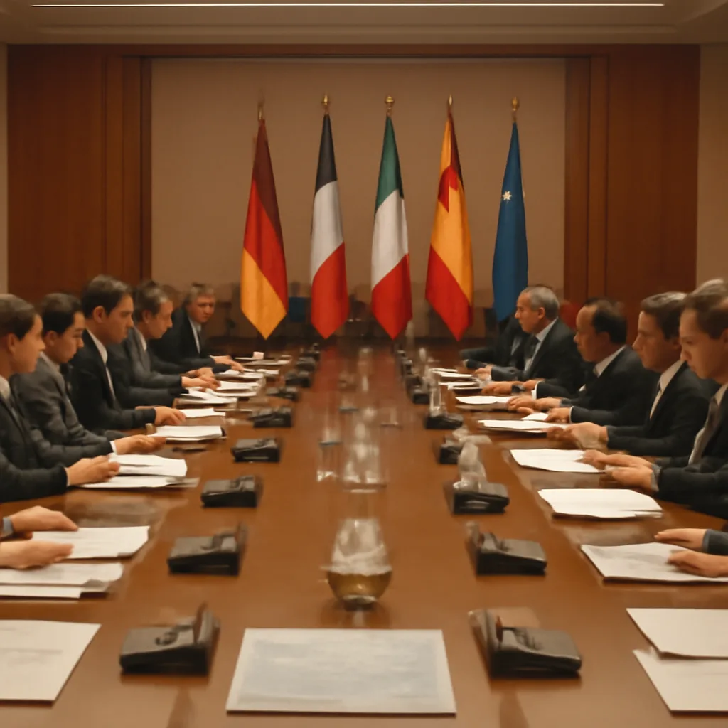 Diplomats and national leaders in formal 1990s European dress gathered around a conference table with documents and flags, negotiating treaty text in an austere summit room.