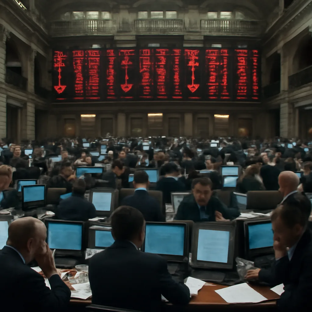 Crowded European trading floor with electronic stock tickers displaying deep red declines; traders on phones and screens showing falling indices, September 2008 market turmoil.