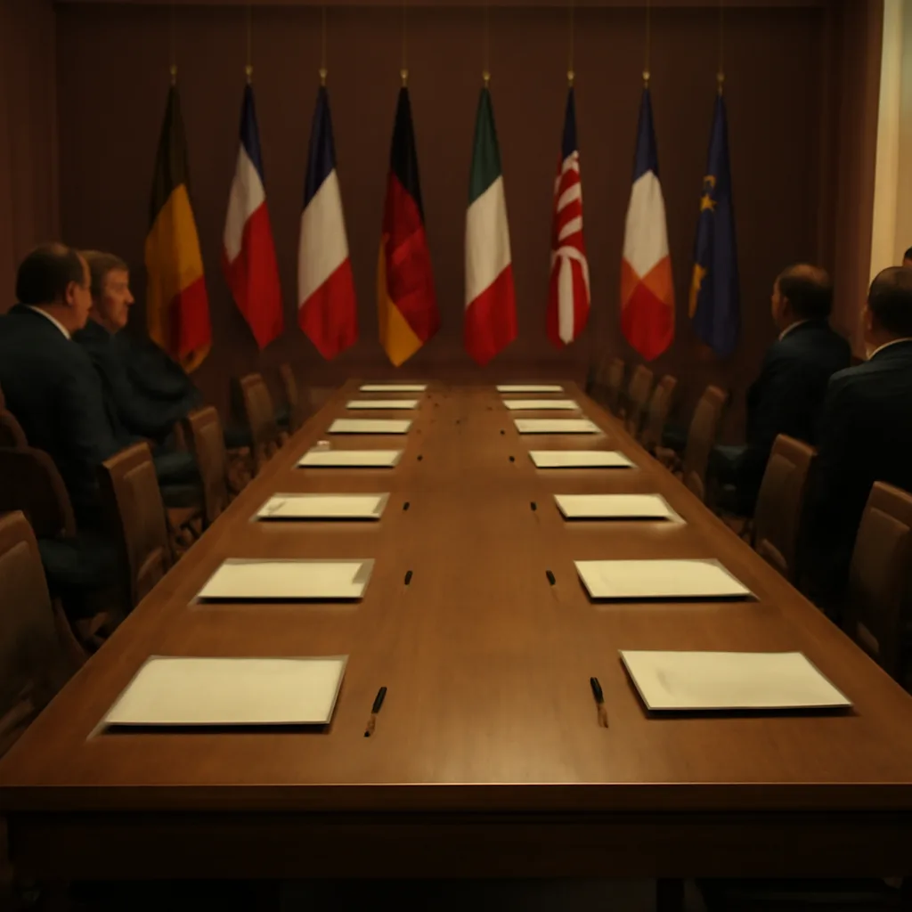The signing venue of the Maastricht Treaty: an early 1990s institutional interior with flags of European Community member states and official documents on a table.