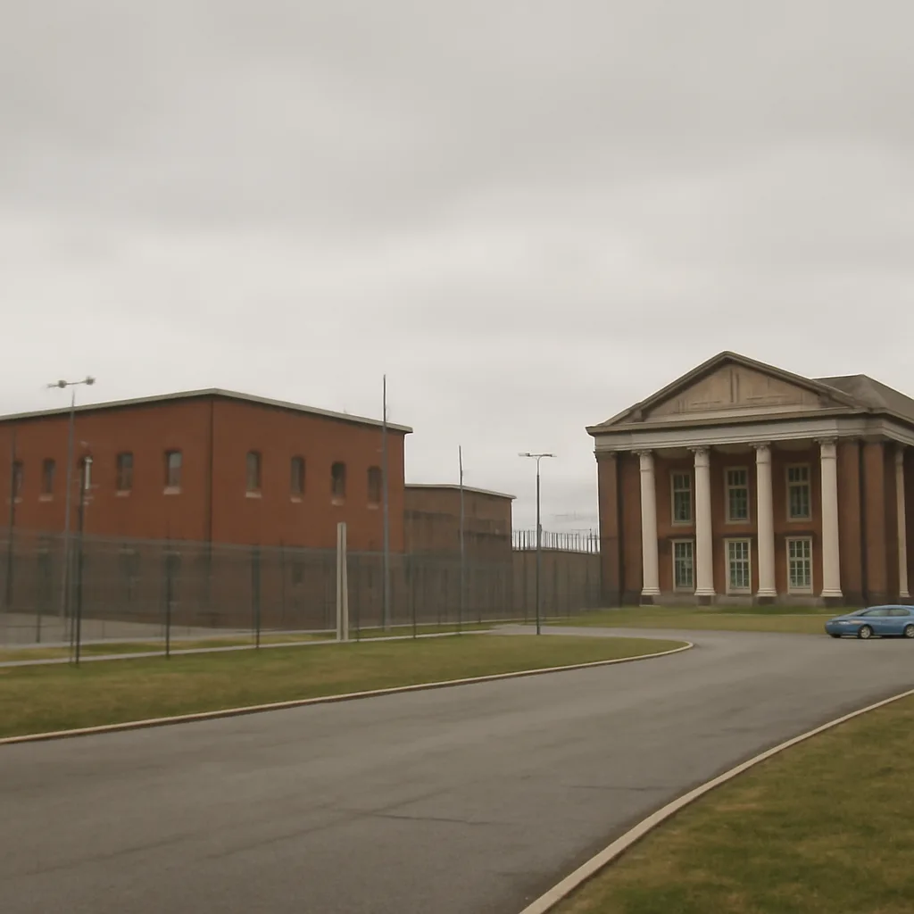 Stateville Correctional Center exterior and a generic courthouse facade from the 1990s era, showing institutional brick buildings and perimeter fencing under overcast sky.