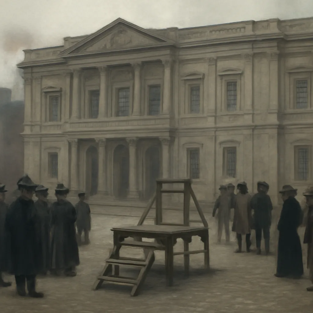 A scaffold outside the Banqueting House, Whitehall, January 30, 1649, with a small crowd and soldiers nearby; the scene is somber and period-appropriate.