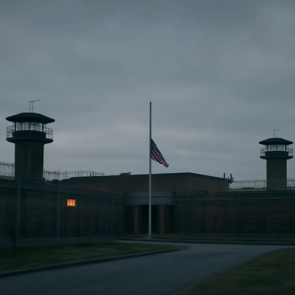 Exterior of a mid-20th-century federal penitentiary facility at dusk with subdued lighting and an American flag at half-staff, conveying a somber official atmosphere.
