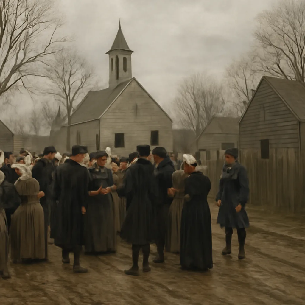 A late 17th-century New England village street with wooden houses and a small meetinghouse; townspeople gathered in sober dress, a handful of men speaking with a guard near a wooden jail, and distant fields under an overcast sky.