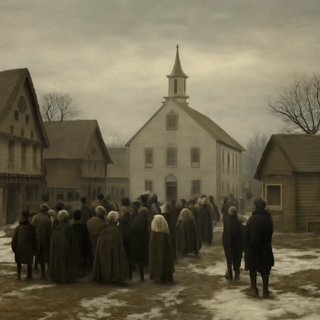 A colonial New England village street in late 17th century winter, showing timber-framed houses, a small meetinghouse, townspeople gathered at a distance, and a modest jail; somber, tense atmosphere.